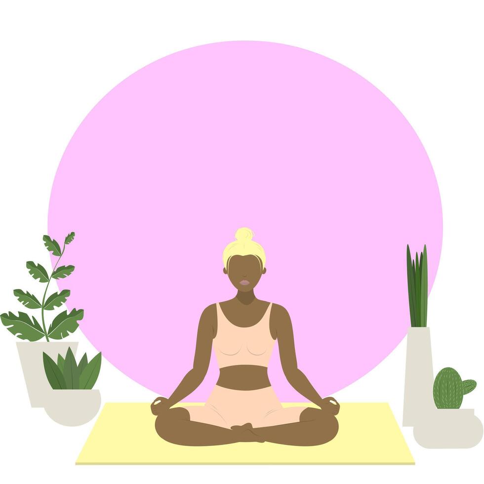 Sportive black young woman doing yoga fitness exercises on the mat, near plants. Healthy lifestyle. Collection of female cartoon characters demonstrating various yoga positions isolated on white vector