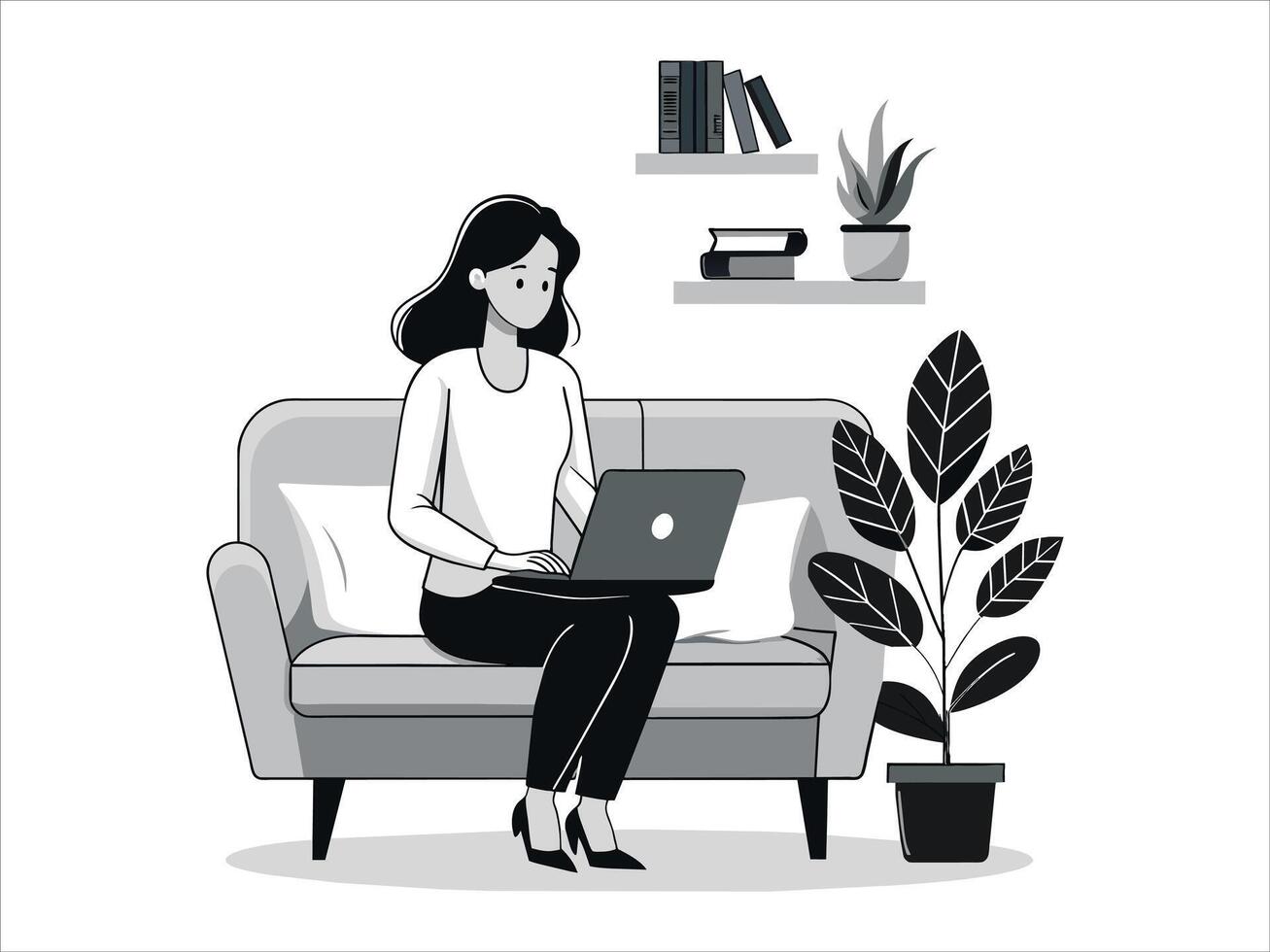 girl with laptop sitting on the sofa. Freelance or studying concept. Cute illustration in flat style. vector