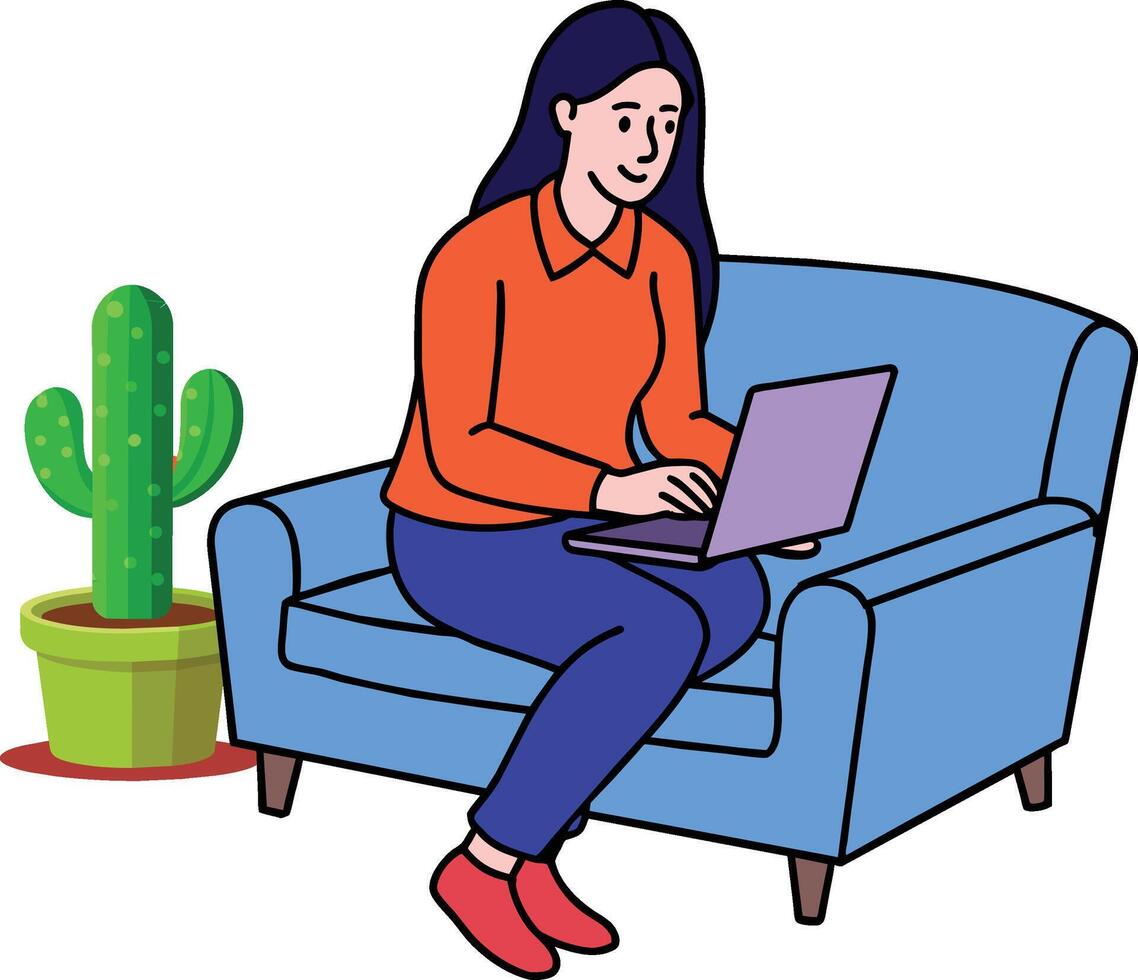 girl with laptop sitting on the sofa. Freelance or studying concept. Cute illustration in flat style. vector