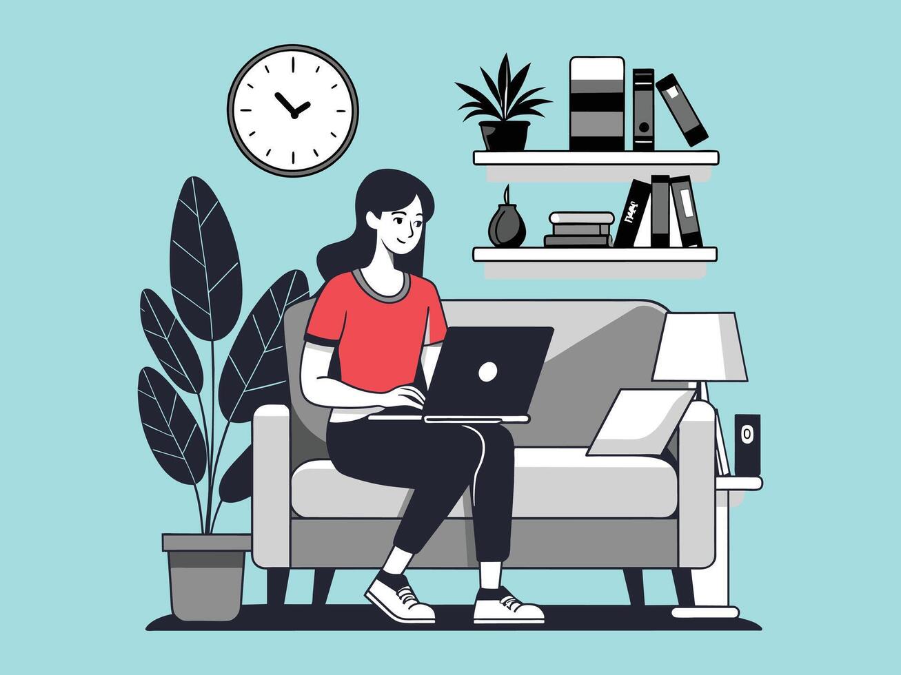 niña con ordenador portátil sentado en el sofá. Lanza libre o estudiando concepto. linda ilustración en plano estilo. vector