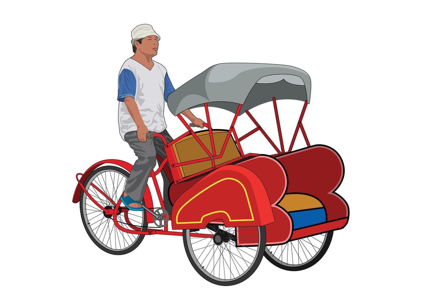 A man stand next to becak tricycle surakarta solo. Isolated on white background. vector