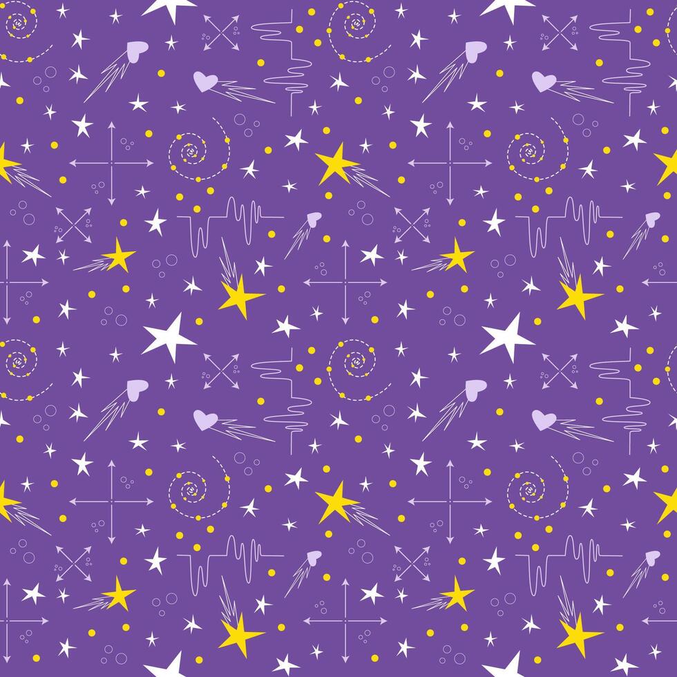 Seamless background with abstract space or sky elements, stars, arrows, dots, hearts. vector