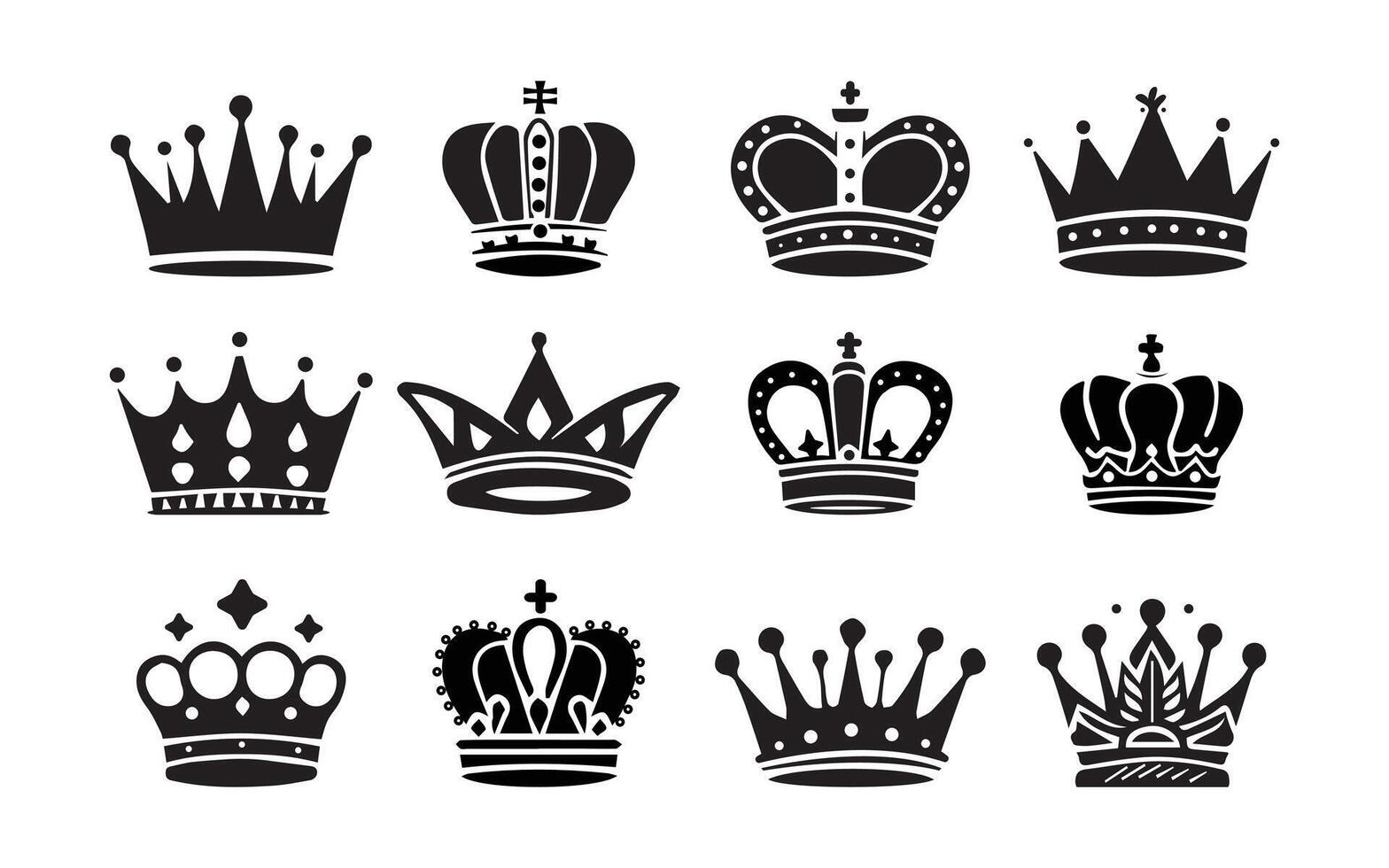 un colección de negro coronas silueta en un blanco fondo.corona íconos colocar., corona símbolo colección con ilustración vector