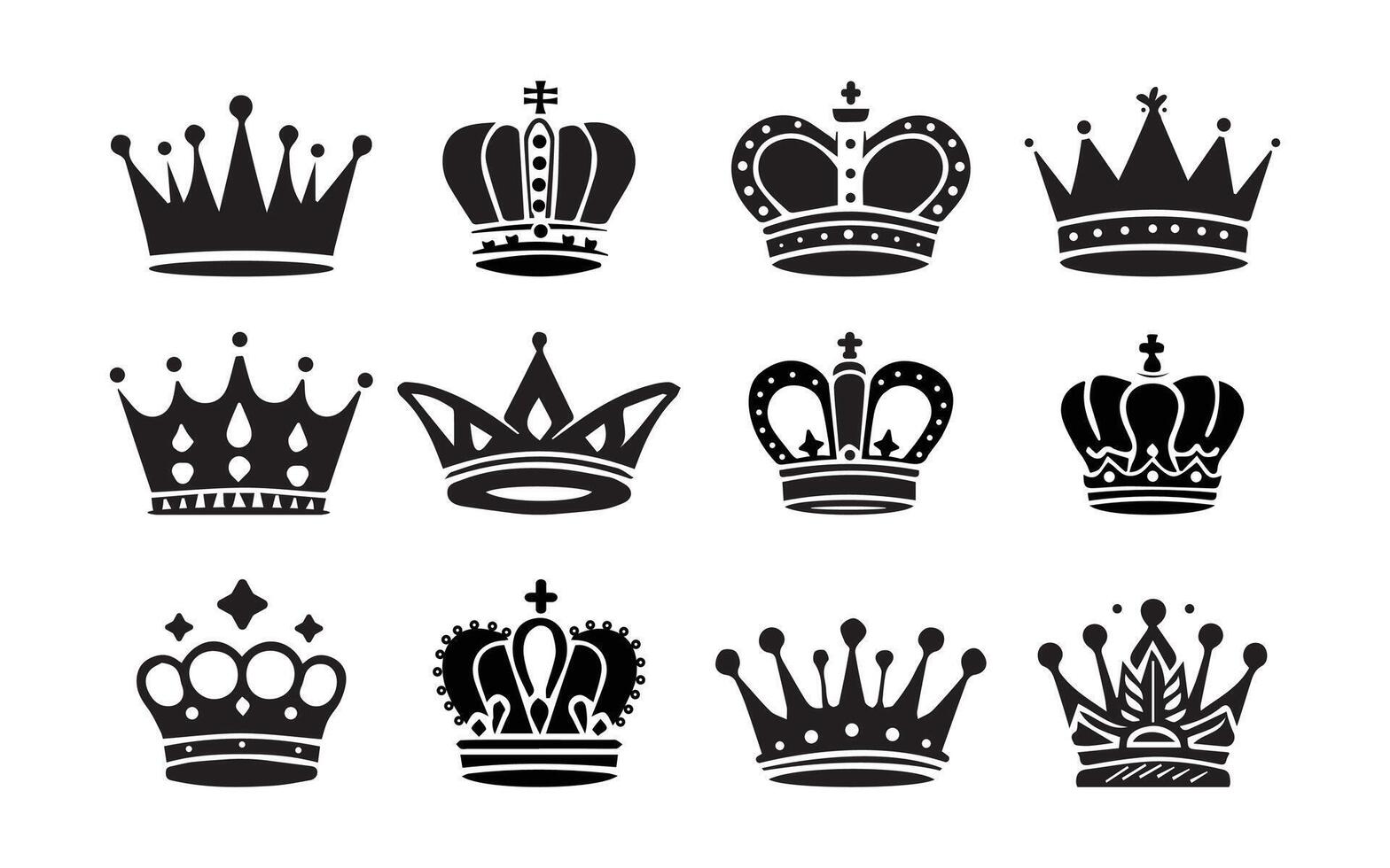 A collection of black crowns silhouette on a white background.Crown icons set., Crown symbol collection with illustration vector