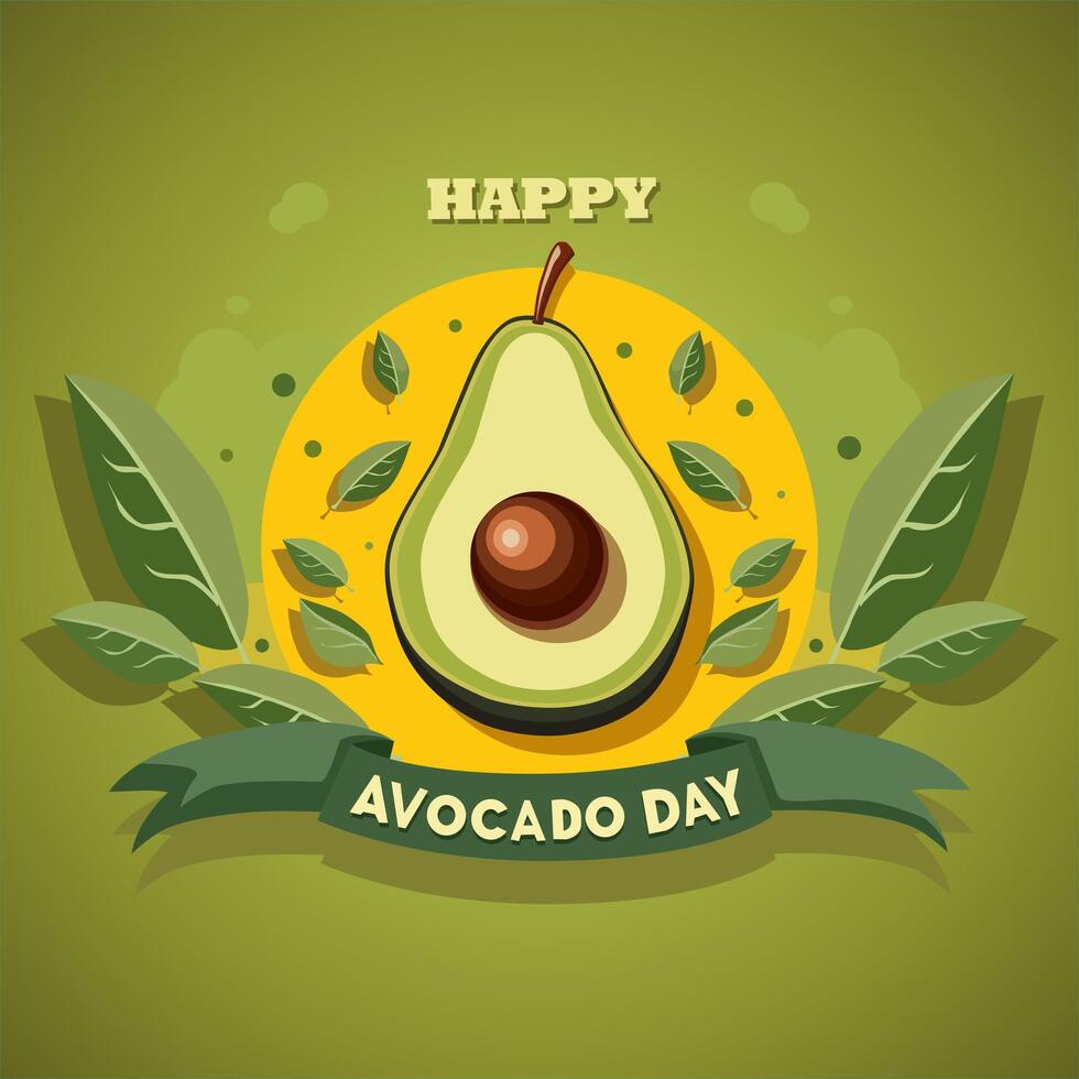 Fresh half cut green avocado with leaves and text. Banner for Avocado Day. Side view clipart isolated on yellow background. Summer food illustration in flat style for design for party vector