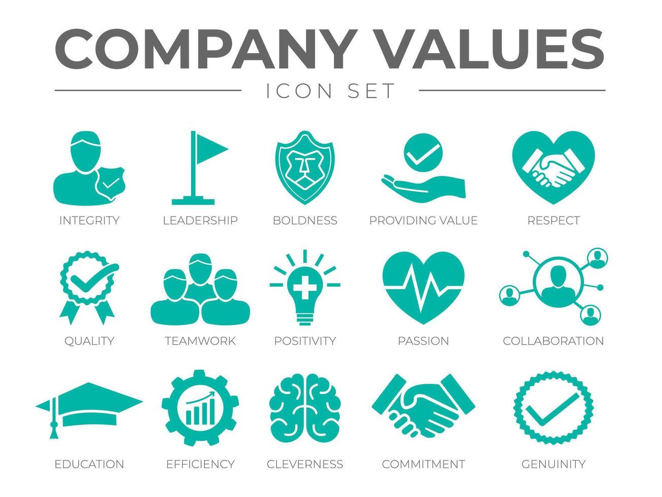 Business Company Values Icon Set. Integrity, Leadership, Boldness, Value, Respect, Quality, Teamwork, Positivity, Passion, Collaboration, Education, Efficiency, Cleverness, Commitment, Genuine Icons. vector
