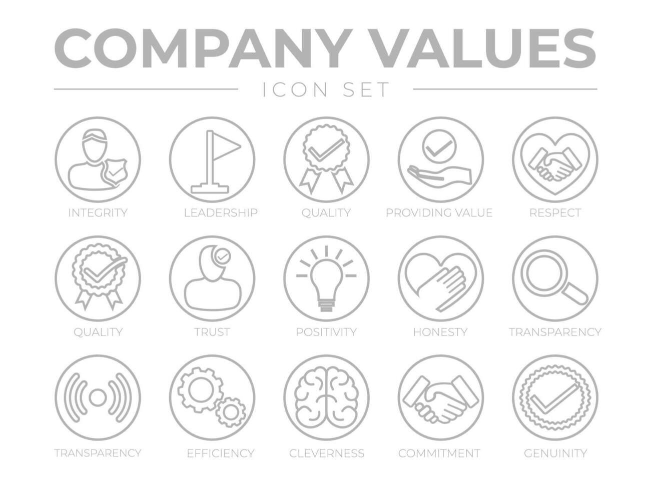 Thin Outline Company Values Round Gray Icon Set. Integrity, Leadership, Quality, Value, Respect, Trust, Positivity, Honesty, Transparency, Efficiency, Cleverness, Commitment, Genuinity Icons. vector