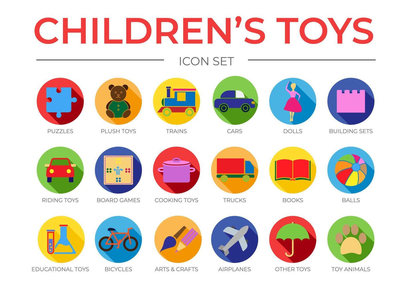 Nice Children's Toys Icon Set with Puzzle, Plush,Cooking, Ship, Truck, Book, Balls, Educational, Tractor, Bicycle, Plane, Animals, Other and Group Game Colorful Isolated Icons vector
