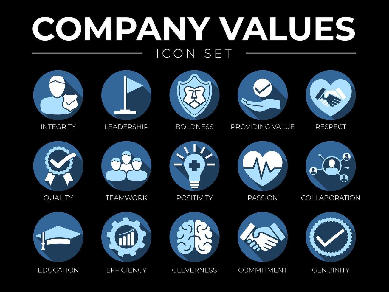 Business Company Values Icon Set. Integrity, Leadership, Boldness, Value, Respect, Quality, Teamwork, Positivity, Passion, Collaboration, Education, Efficiency, Cleverness, Commitment, Genuine Icons. vector