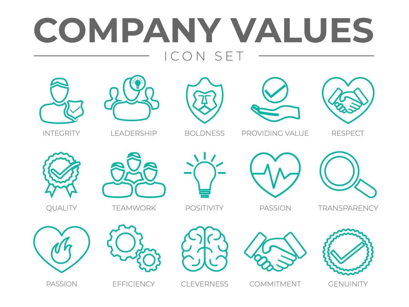 Company Values Outline Icon Set. Integrity, Leadership, Boldness, Value, Respect, Quality, Teamwork, Positivity, Passion, Transparency, Passion, Efficiency, Cleverness, Commitment, Genuinity Icons. vector