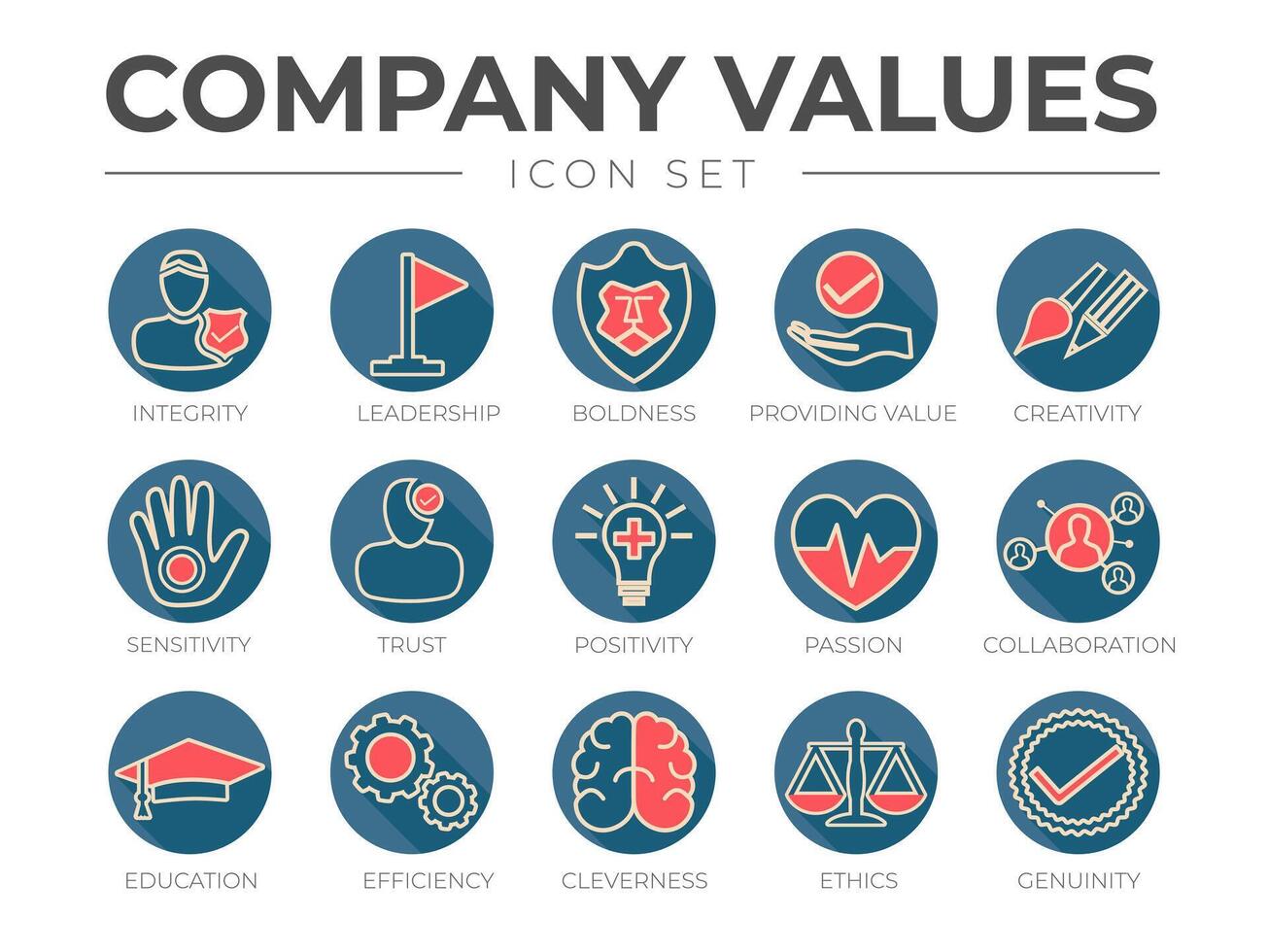 Business Company Values Round Outline Color Icon Set. Integrity, Leadership, Boldness, Value, Creativity, Sensitivity, Trust, Positivity, Passion, Efficiency, Cleverness, Ethics, Genuinity Icons. vector