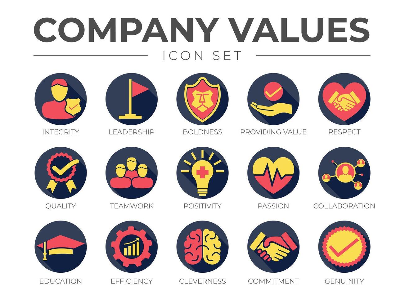 Business Company Values Round Colorful Icon Set. Integrity, Leadership, Boldness, Value, Teamwork, Positivity, Passion, Collaboration, Education, Efficiency, Cleverness, Commitment, Genuine Icons. vector