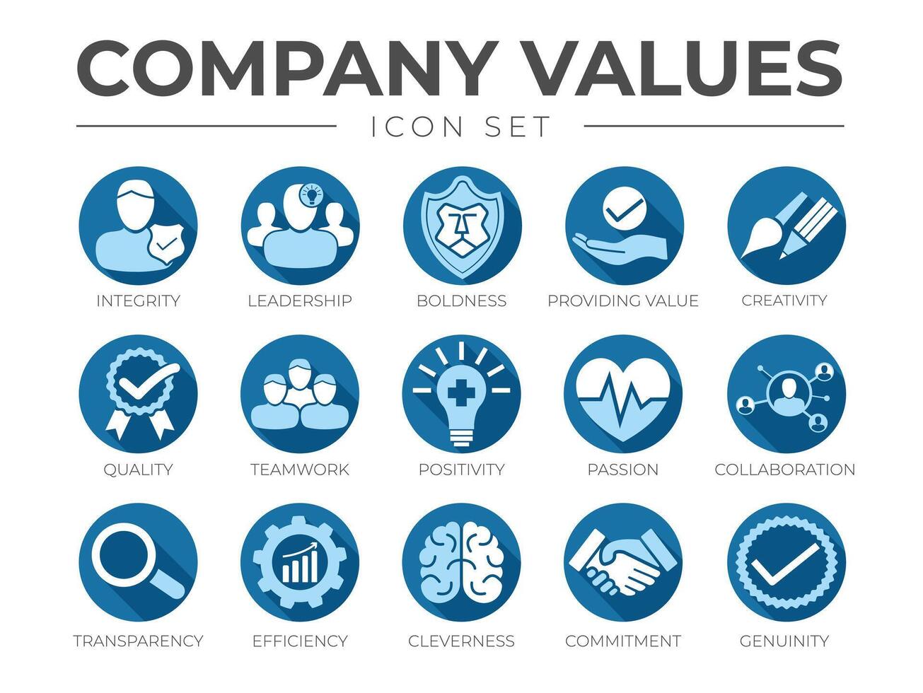Blue Flat Business Company Values Flat Round Icon Set. Integrity, Leadership, Boldness, Teamwork, Positivity, Passion, Collaboration, Transparency, Efficiency, Cleverness, Commitment, Genuinity Icons. vector