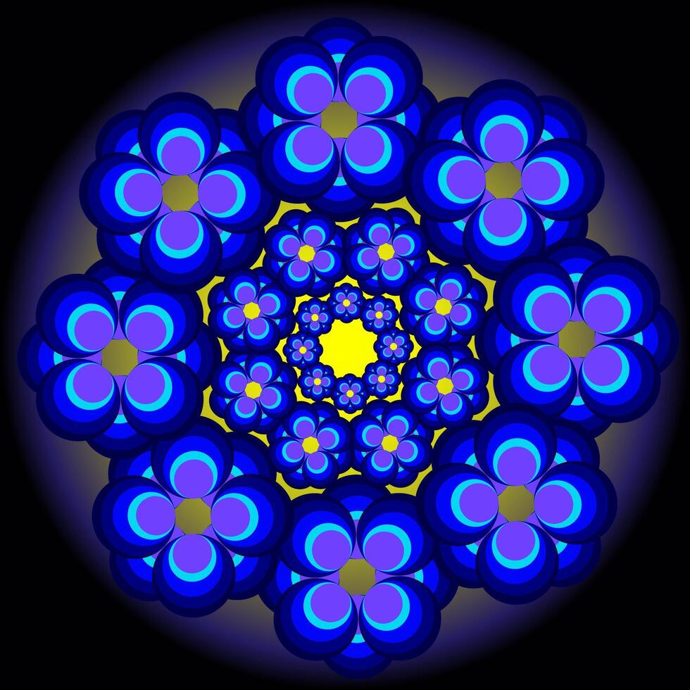 Round pattern in the form of blue flowers on a black background vector