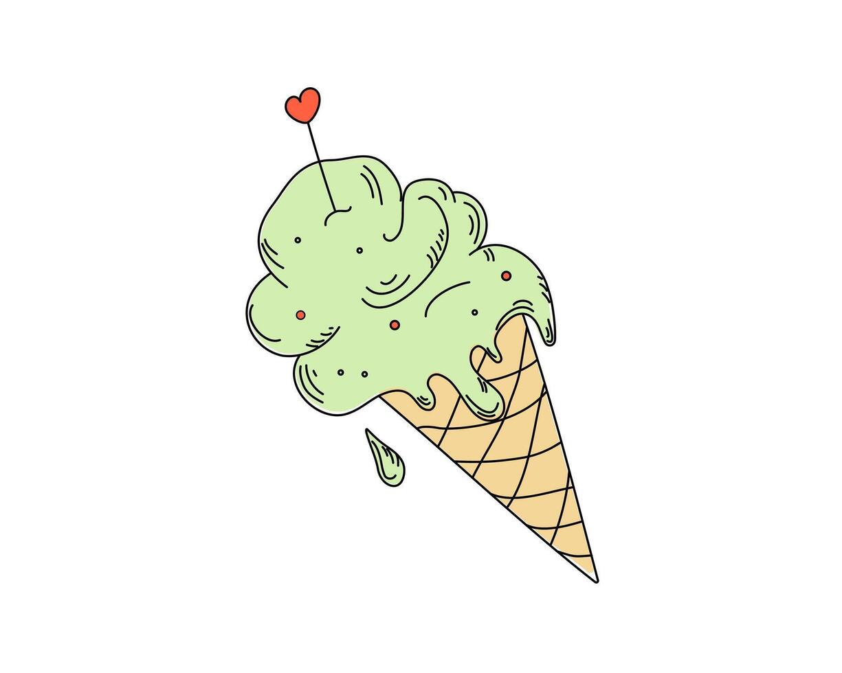 Ice cream drawing on white background. Food, summer dessert. Hand drawn linear icon. Doodles. Black outline. Background isolated. vector