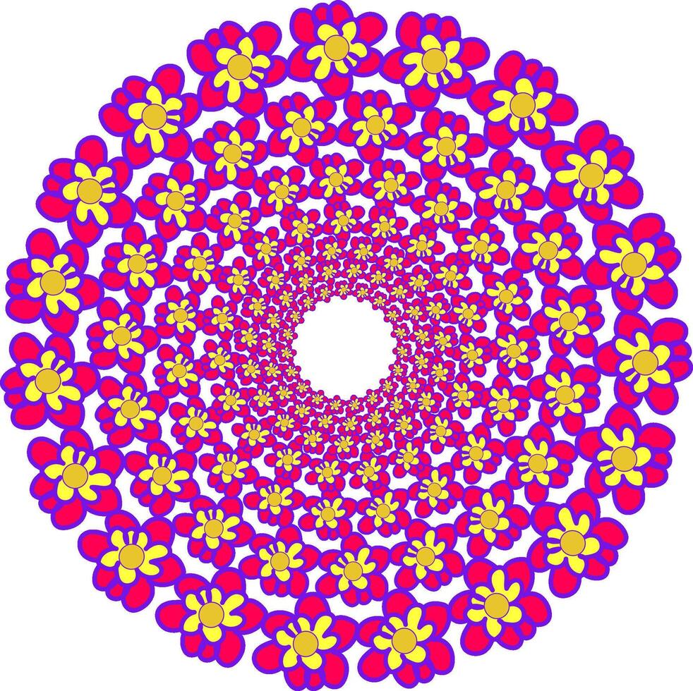 Abstract round pattern in the form of pink and yellow flowers arranged in a circle on a white background vector