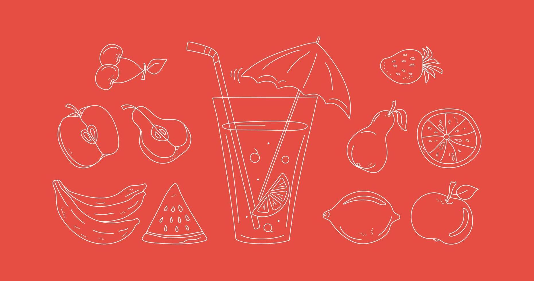 Juice in a glass, fruit cocktail. Set of abstract fruits. Juicy fruits whole and slices. Food and drinks. Abstract drawings of fruits and berries. Beach bar. Line icons. Scribble. vector