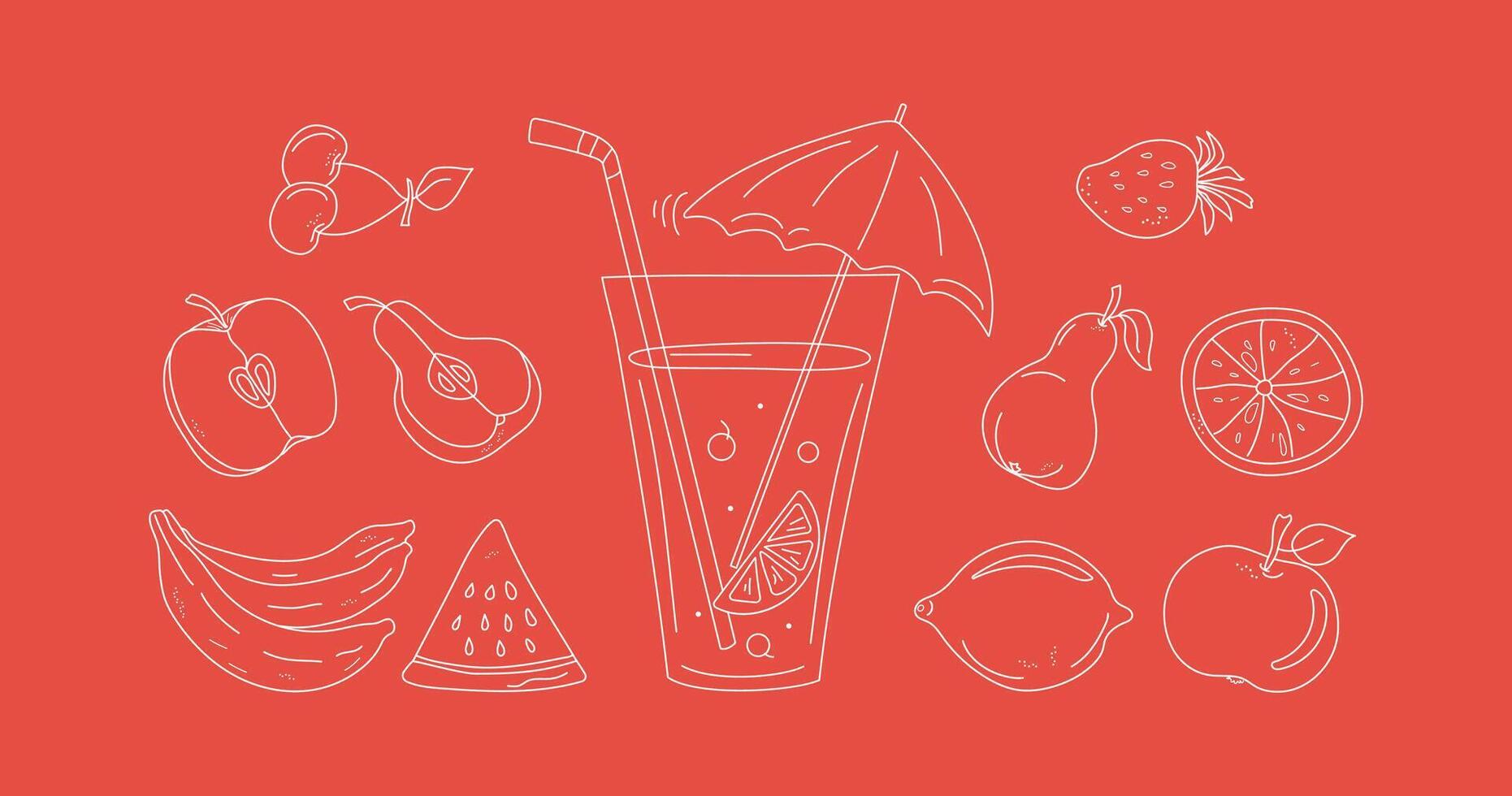 jugo en un vaso, Fruta cóctel. conjunto de resumen frutas jugoso frutas todo y rebanadas comida y bebidas resumen dibujos de frutas y bayas. playa bar. línea iconos Escribiendo. vector