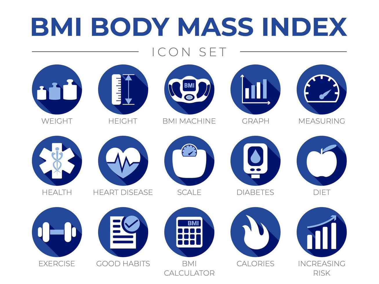 Blue BMI Body Mass Index Round Icon Set of Weight, Height, BMI Machine, Graph, Measuring, Health, Heart Disease, Scale, Diabetes, Diet, Exercise, Habits, BMI Calculator, Calories, Risk Icons. vector