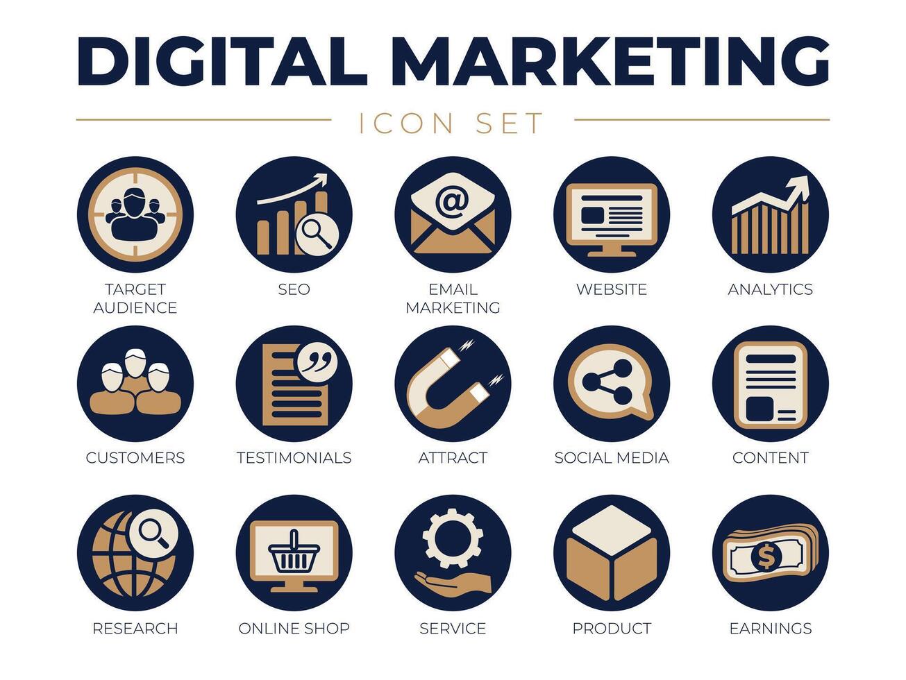 Elegant Digital Marketing Icon Set. Target Audience, SEO, Email Marketing, Website, Analytics, Customers, Testimonials, Attract, Social Media, Content, etc Icons. vector
