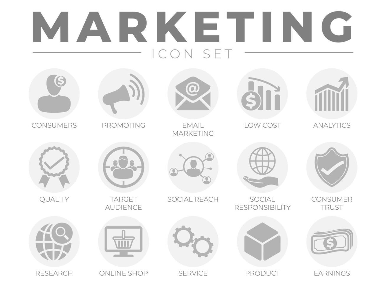 Round Marketing Icon Set. Consumers, Promotion, Email Marketing, Low Cost, Analytics, Quality, Target Audience, Social, Trust, Research, Online Shop, Service, Product, Webshop and Earning Icons vector