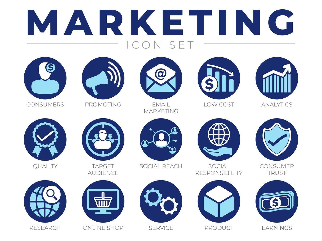 Blue Marketing Icon Set. Consumers, Promotion, Email Marketing, Low Cost, Analytics, Quality, Target Audience, Social, Trust, Research, Online Shop, Service, Product, Webshop and Earning Icons vector