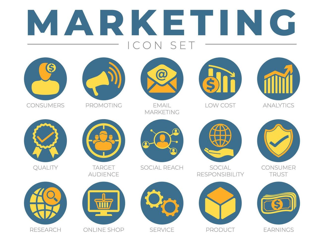 Round Marketing Icon Set. Consumers, Promotion, Email Marketing, Low Cost, Analytics, Quality, Target Audience, Social, Trust, Research, Online Shop, Service, Product, Webshop and Earning Icons vector