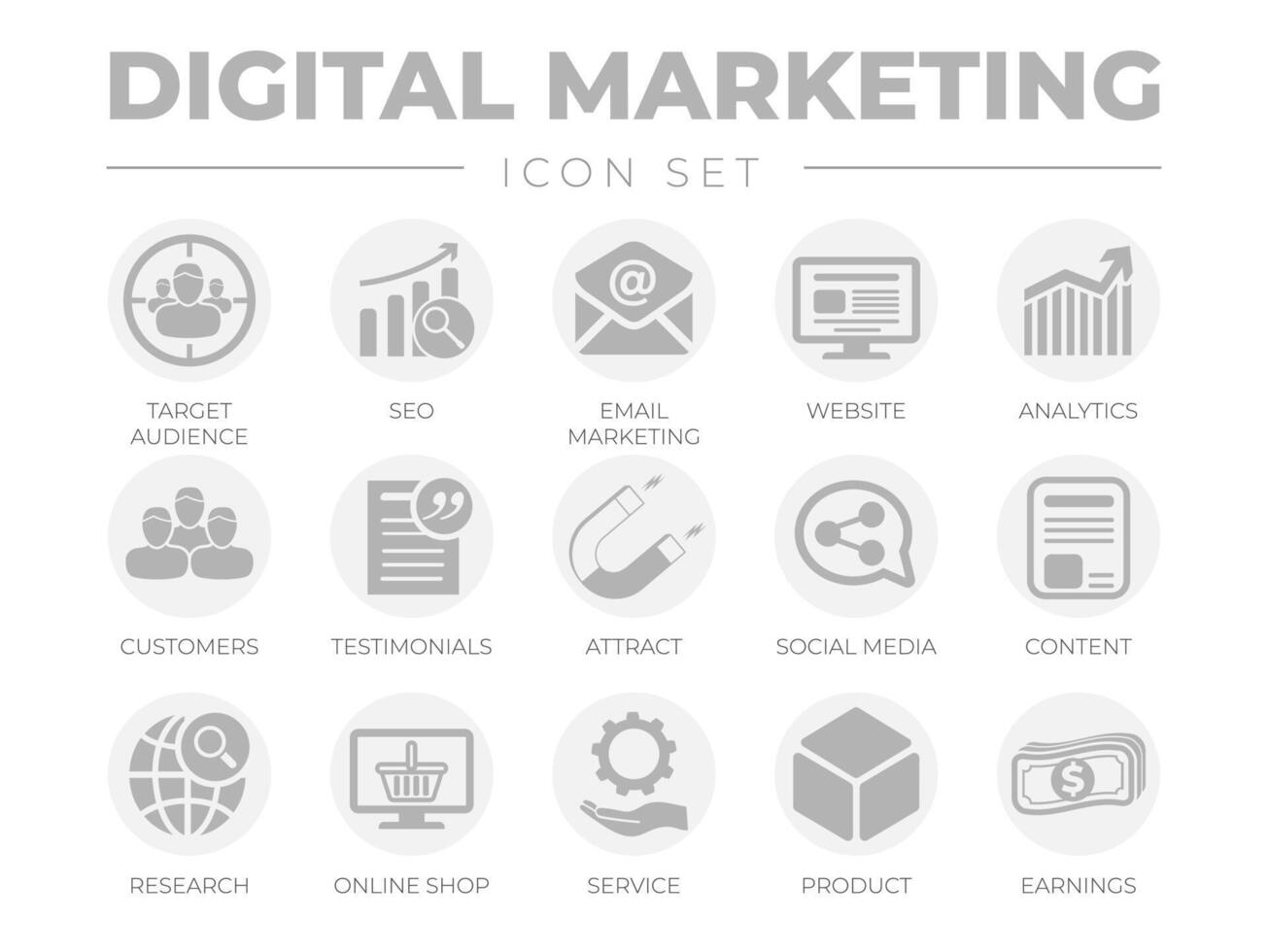 Round Digital Marketing Icon Set. SEO, Email Marketing, Web Design, Analytics, Audience, Customers, Testimonials, Attract, Social Marketing, etc Icons. vector
