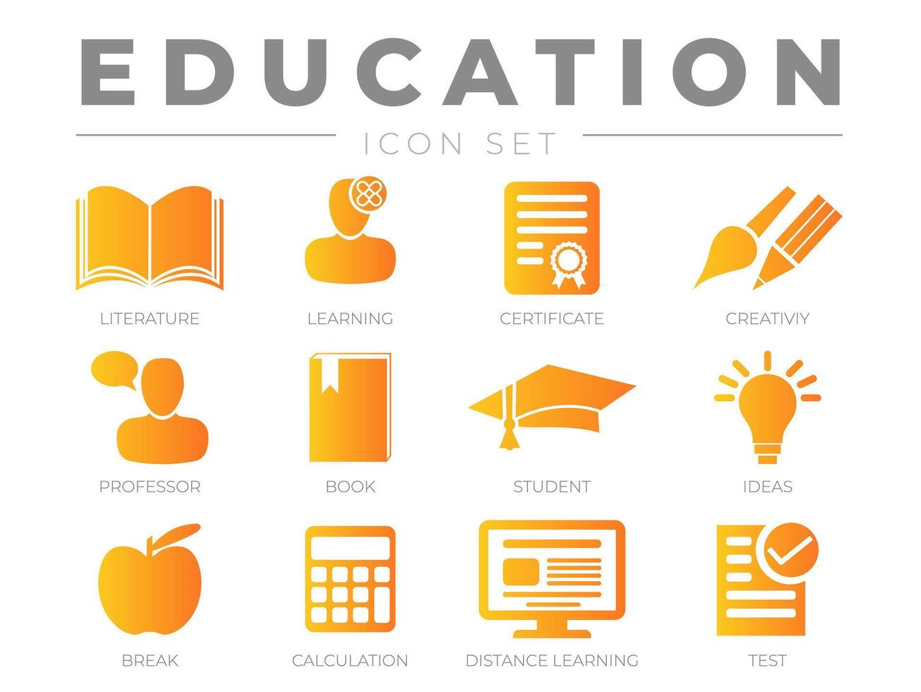 Education Icon Set. Literature, Learning, Certificate, Creativity, Professor, Book, Student, Ideas, Break, Calculation, Distance Test Icons vector