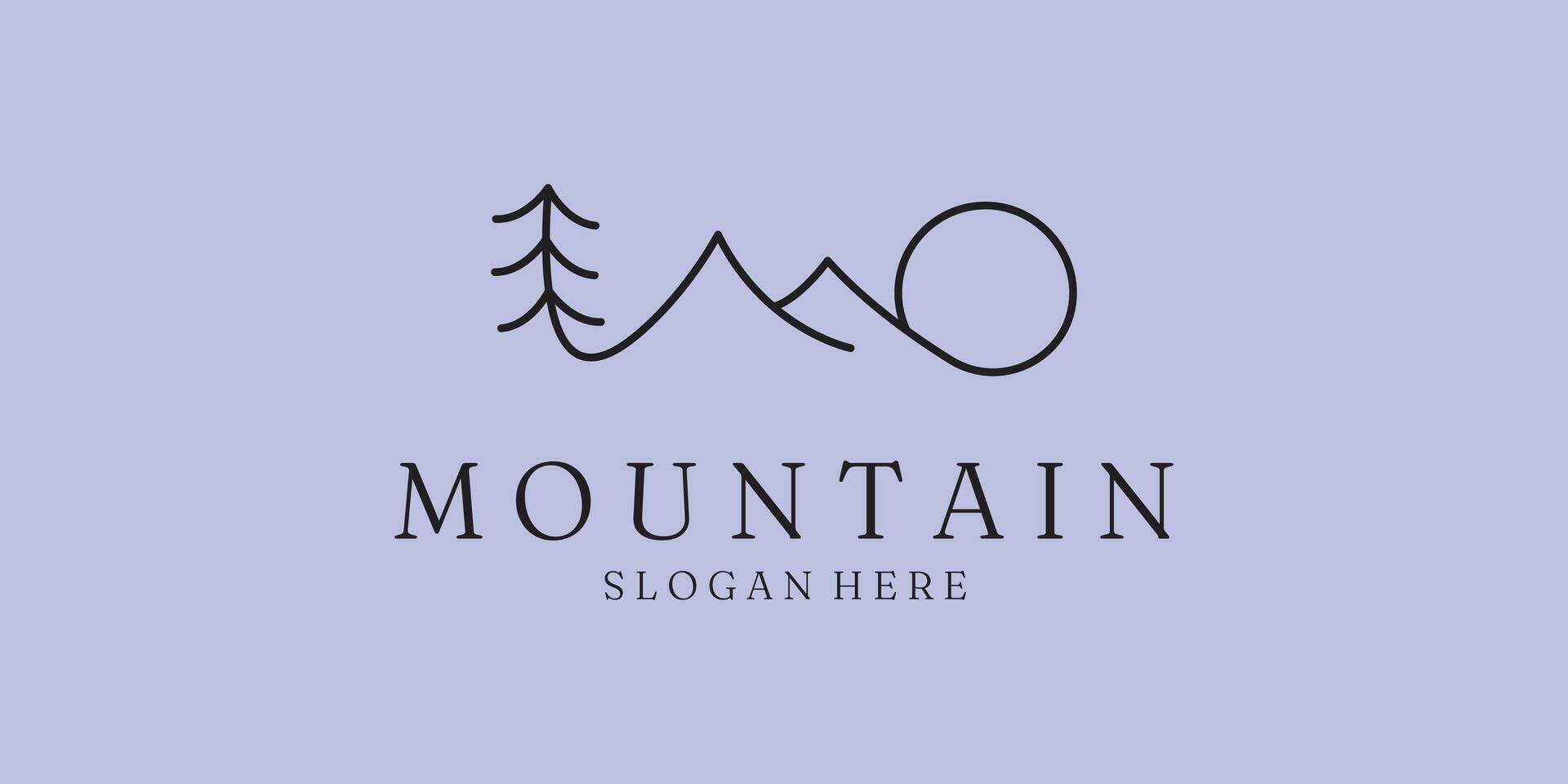 one line logo of mountain tree and sun icon illustration simple minimalist design vector