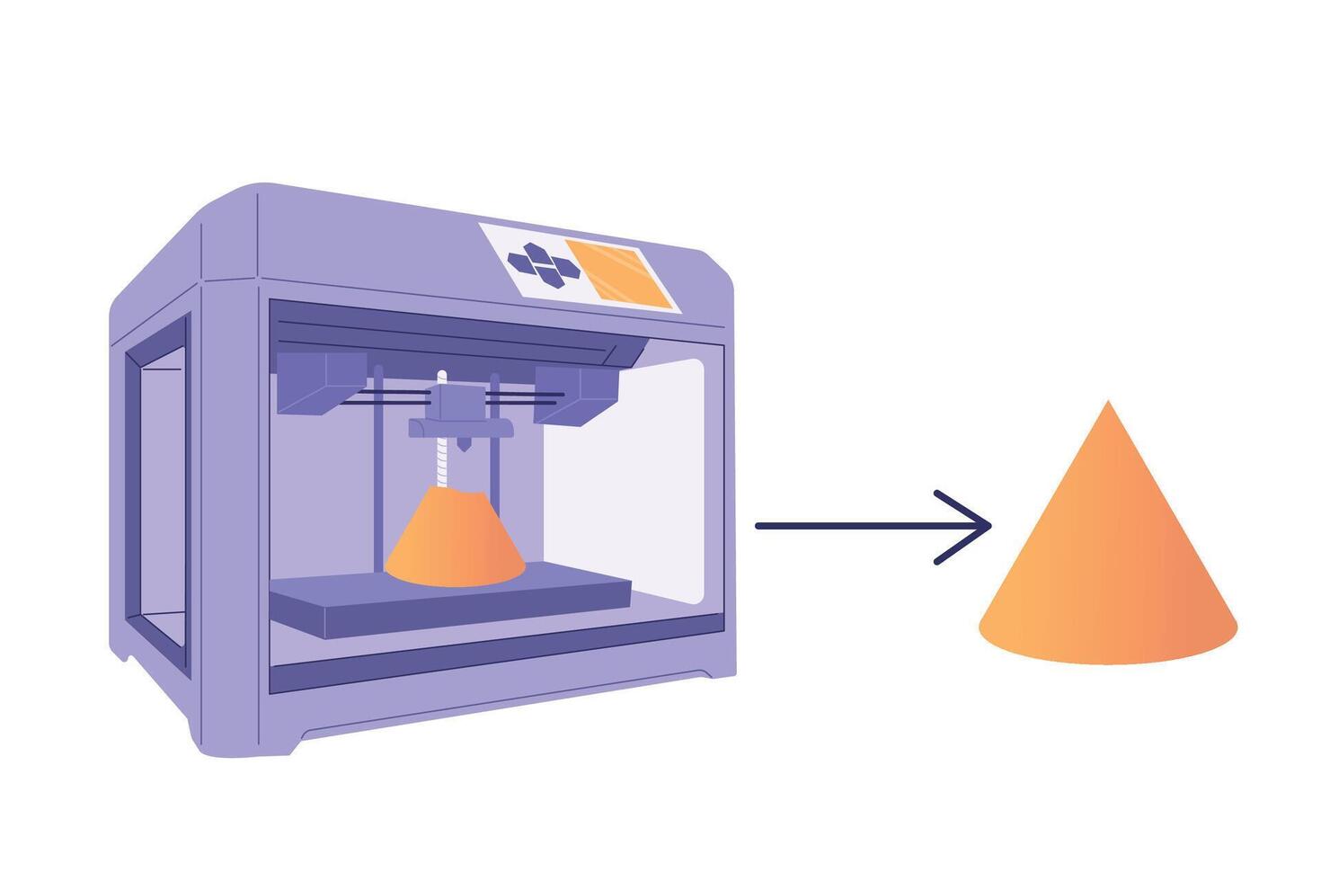 3d printer machine is printing 3D object, illustration logo concept icon. Technologies of the future, technical progress, science, robotics. vector