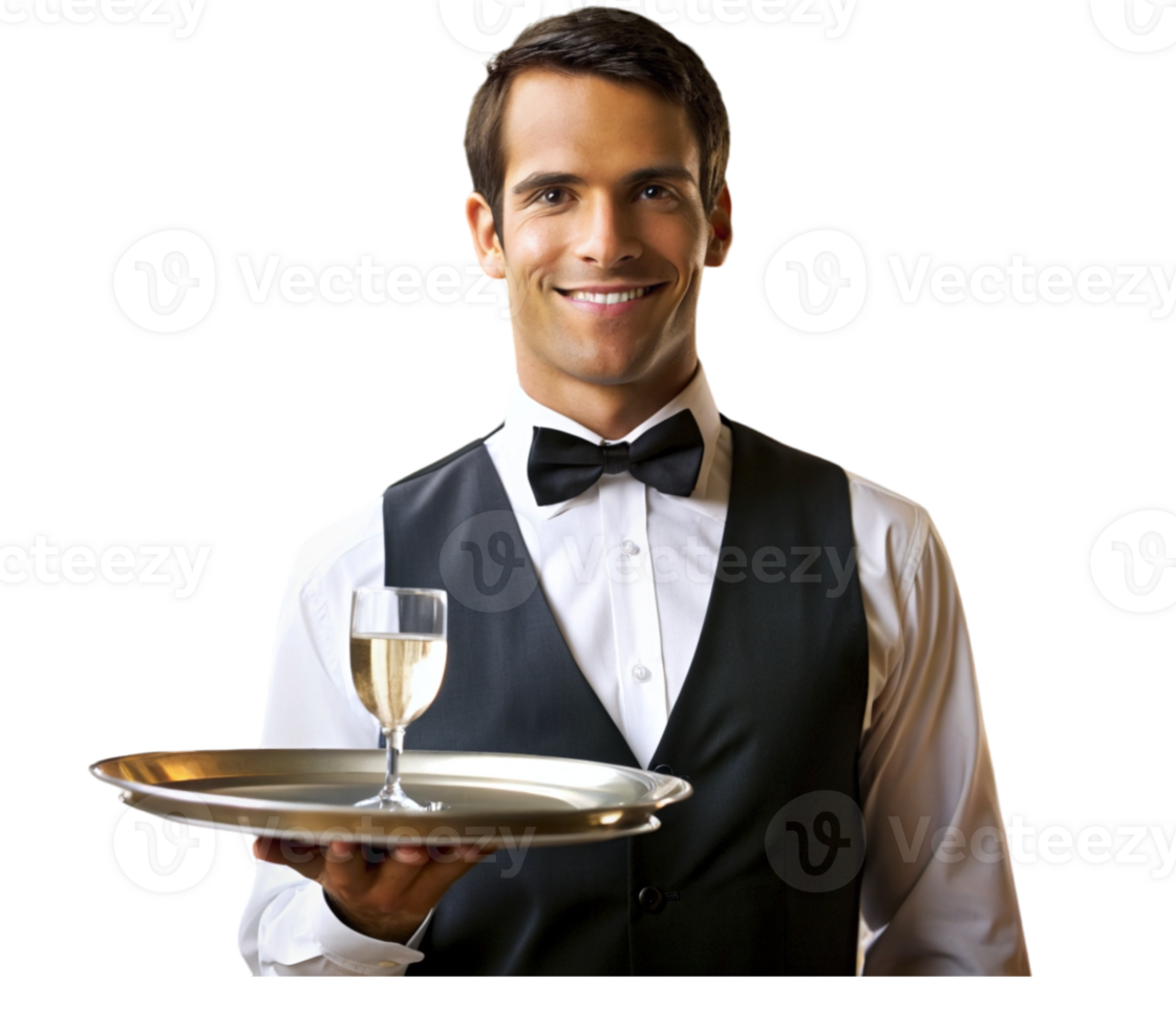 person in waiter uniform carries tray png