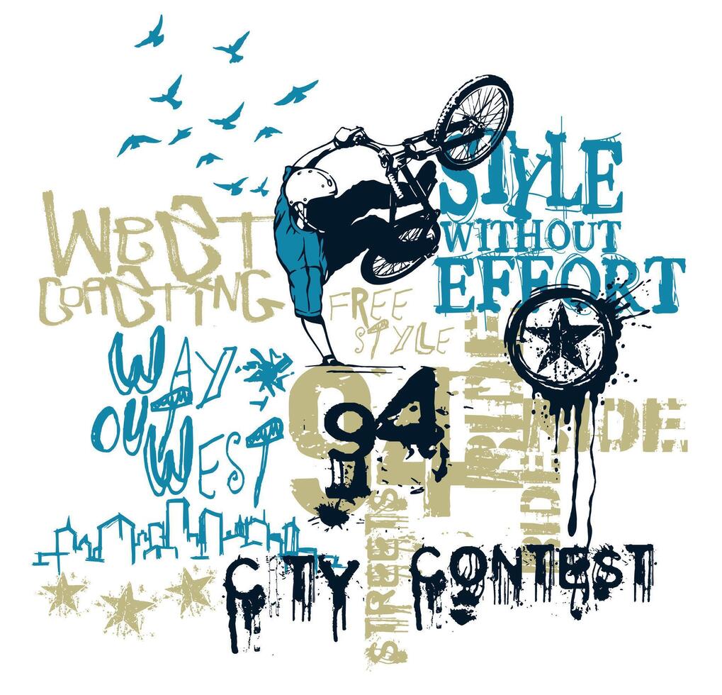 Illustration of freestyle bicycle rider. Art in composition with stripped lettering. Design for prints on t-shirts, posters, etc. vector