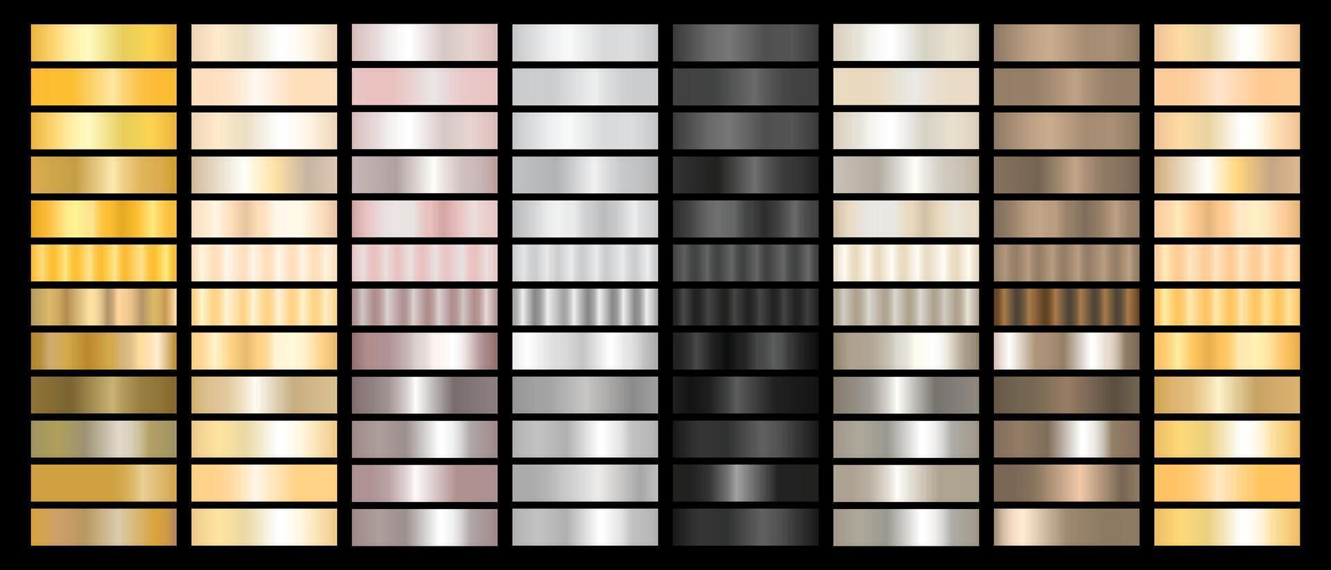 Metal Gradient Collection of Rose Gold, Golden and Silver, Black, Bronze, Pearl, Swatches vector