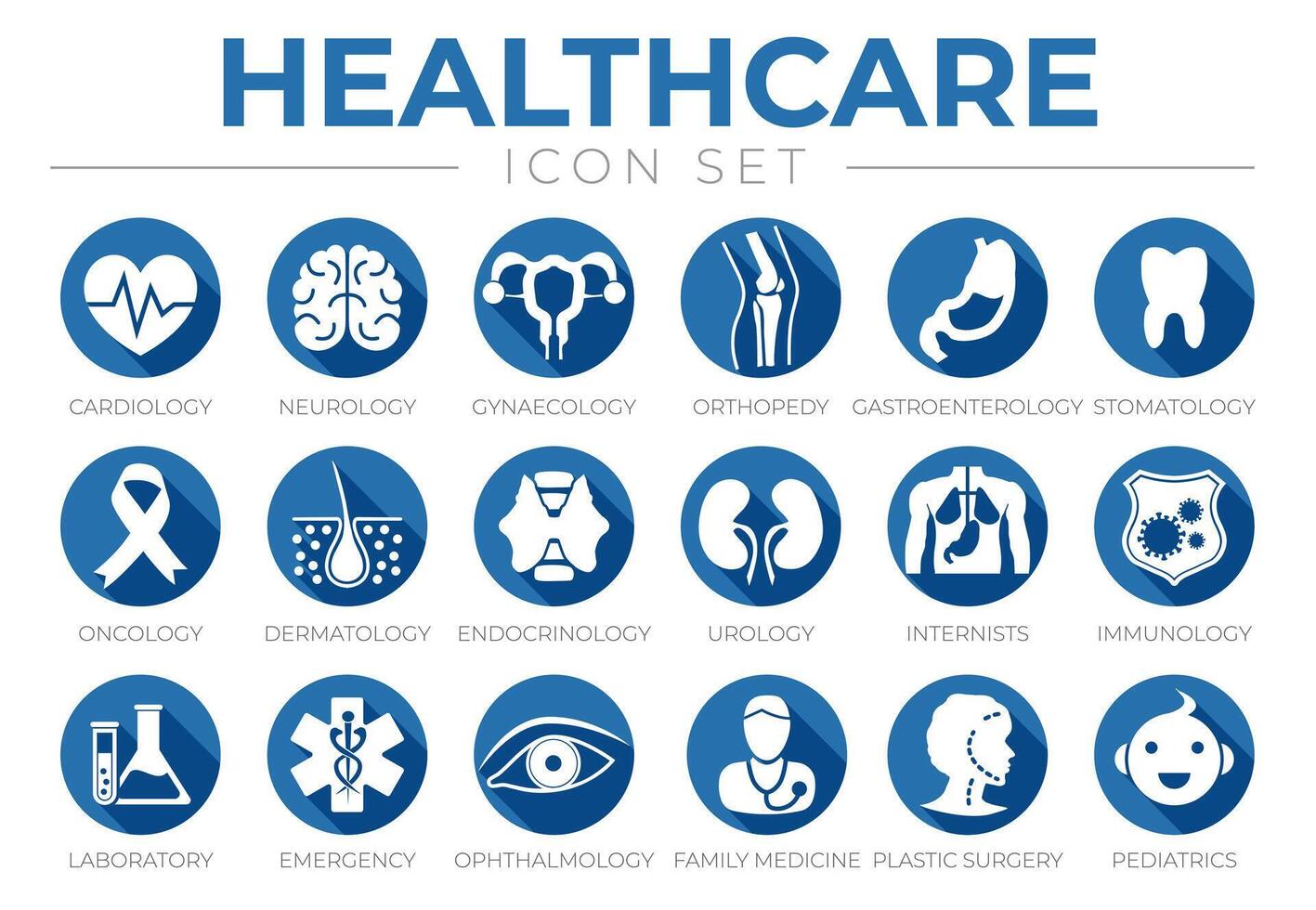 Blue Icon Set of Cardiology, Neurology, Gynecology, Orthopedy, Gastroenterology, Stomatology,Oncology, Dermatology, Urology, Internists, Immunology, Laboratory, Ophthalmology, Medical Icons. vector