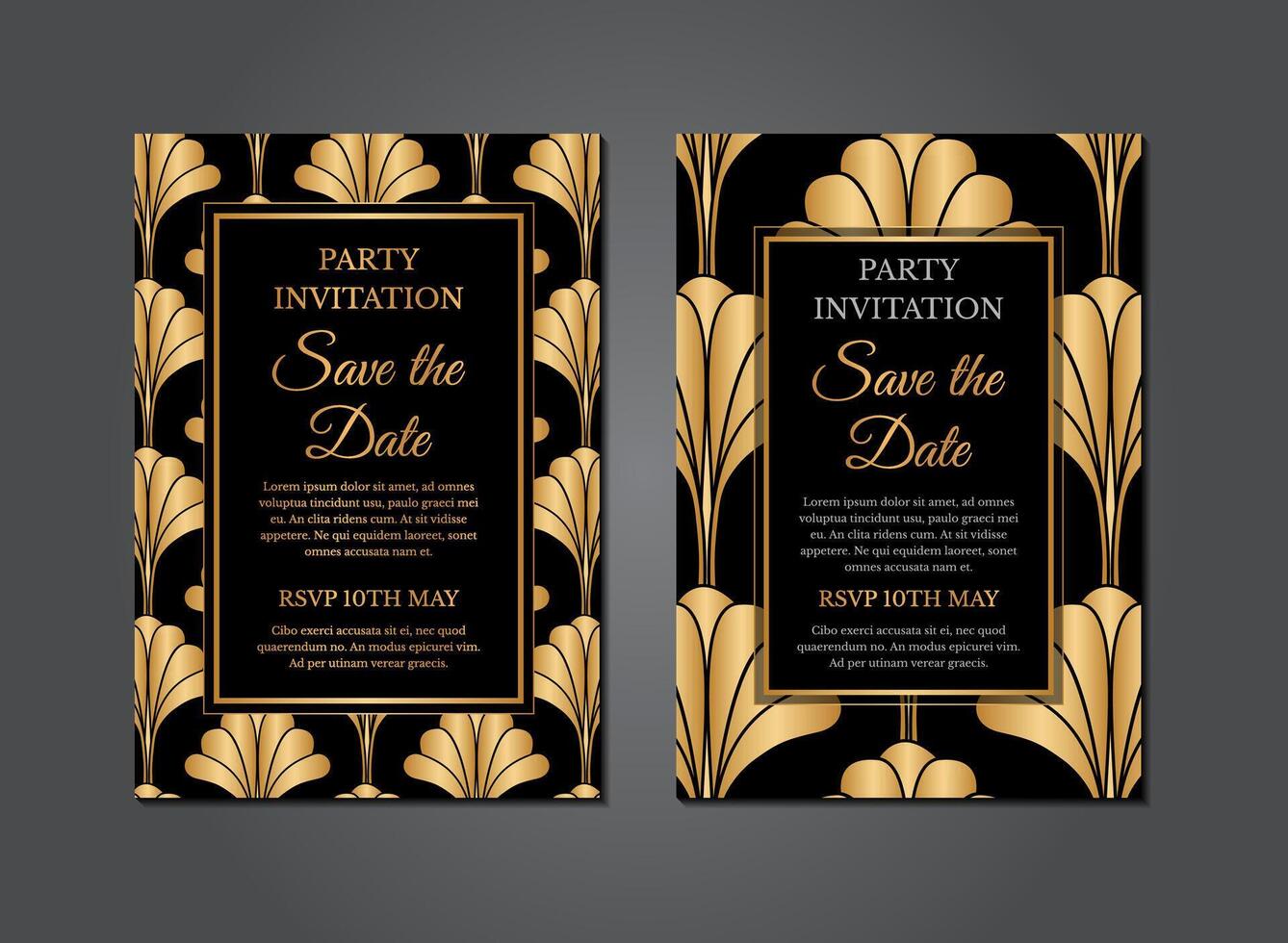 Arte deco invitación diseño en oro y negro vector