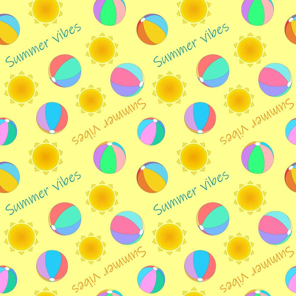 Beach balls for kids, sun and Summer vibes lettering on yellow background. Summertime. seamless colorful pattern. vector