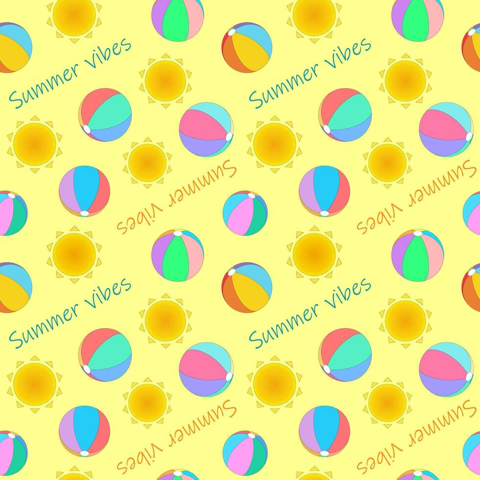 Beach balls for kids, sun and Summer vibes lettering on yellow background. Summertime. seamless colorful pattern. vector