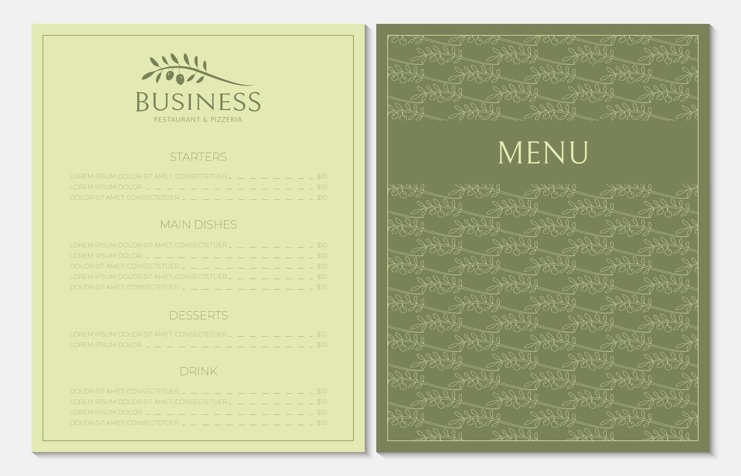 Menu Card Design for Restaurant in Green and Yellow Color and Olive Logo vector