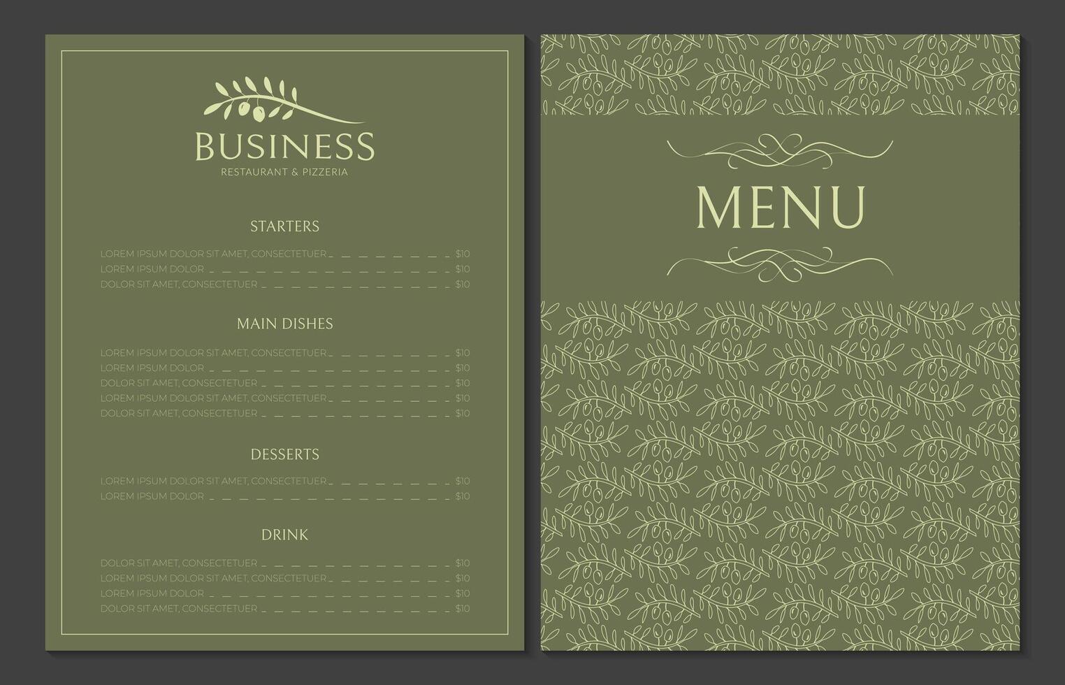 Olive Green Menu Card Template for Restaurants with Logo vector