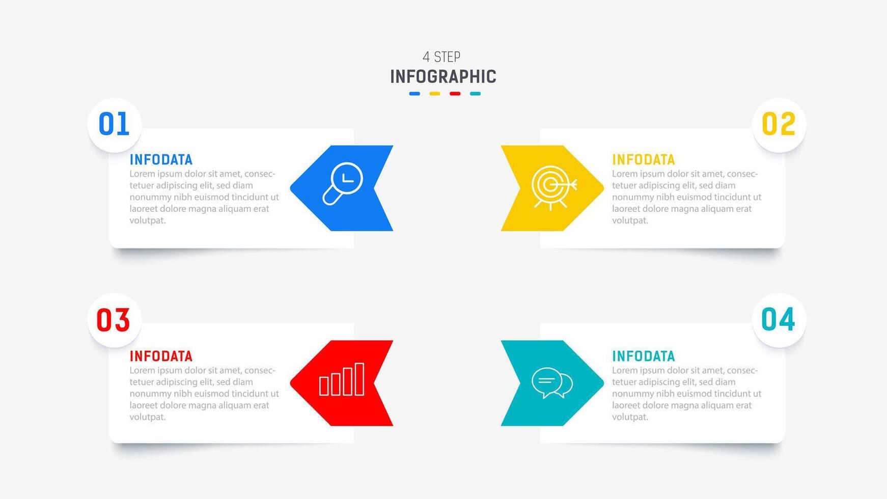 cuatro paso infografía elemento diseño modelo para presentación. proceso diagrama y presentaciones paso, flujo de trabajo disposición, bandera, fluir cuadro, informacion gráfico ilustración. vector