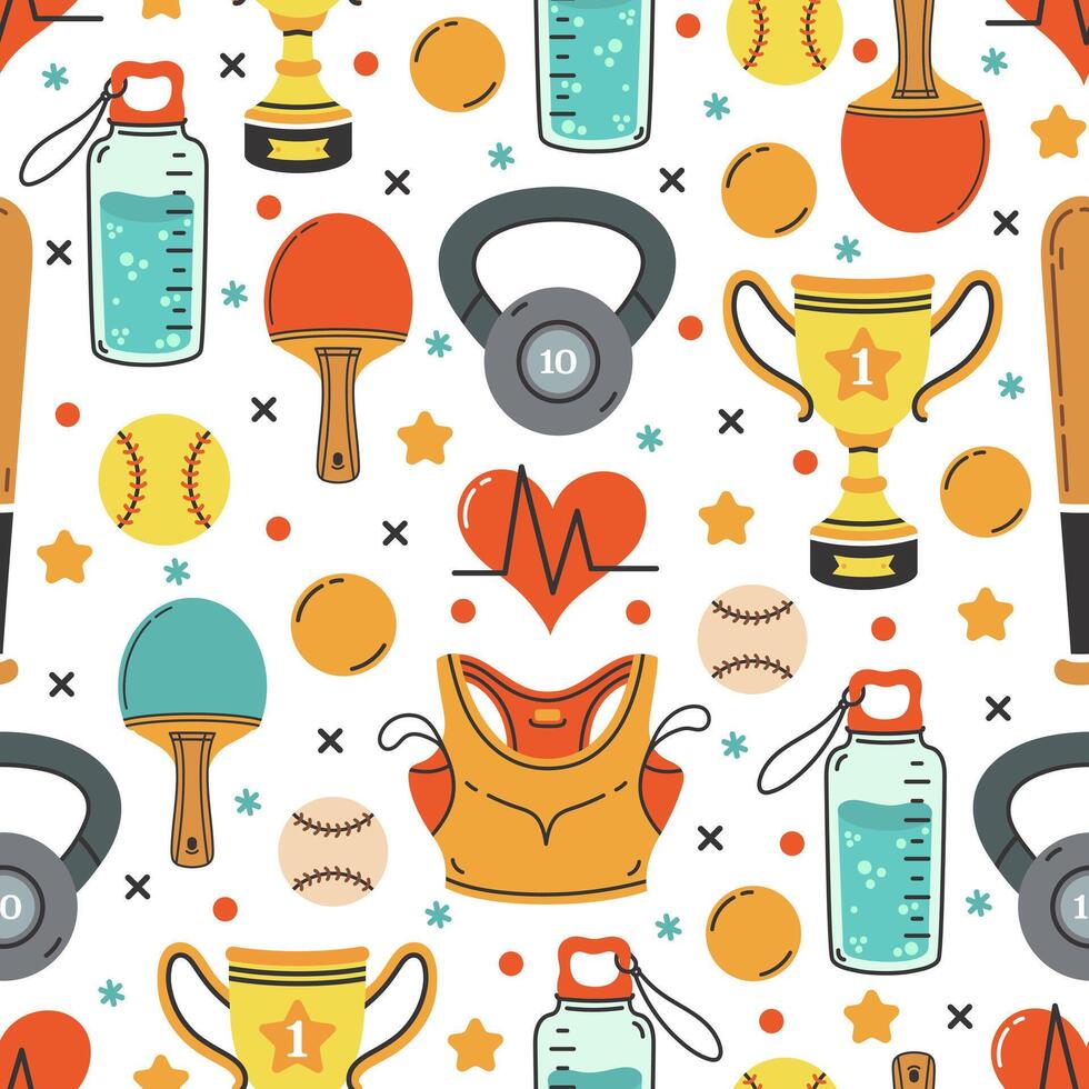 Sports equipment seamless pattern. Accessories for fitness and training - kettlebell, baseball bat and ball, tennis racket, water bottle, victory cup. Team game, competition. Cartoon background vector