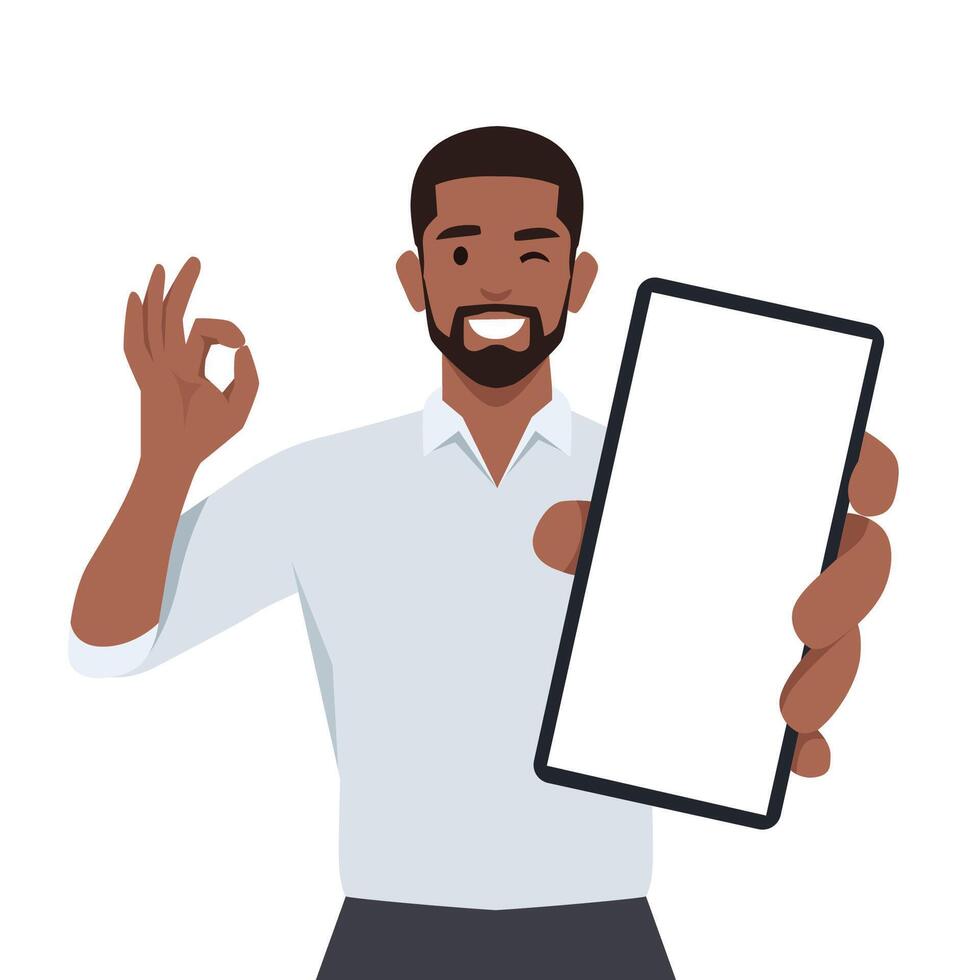 Happy young man showing smartphone and showing okay, OK sign. vector