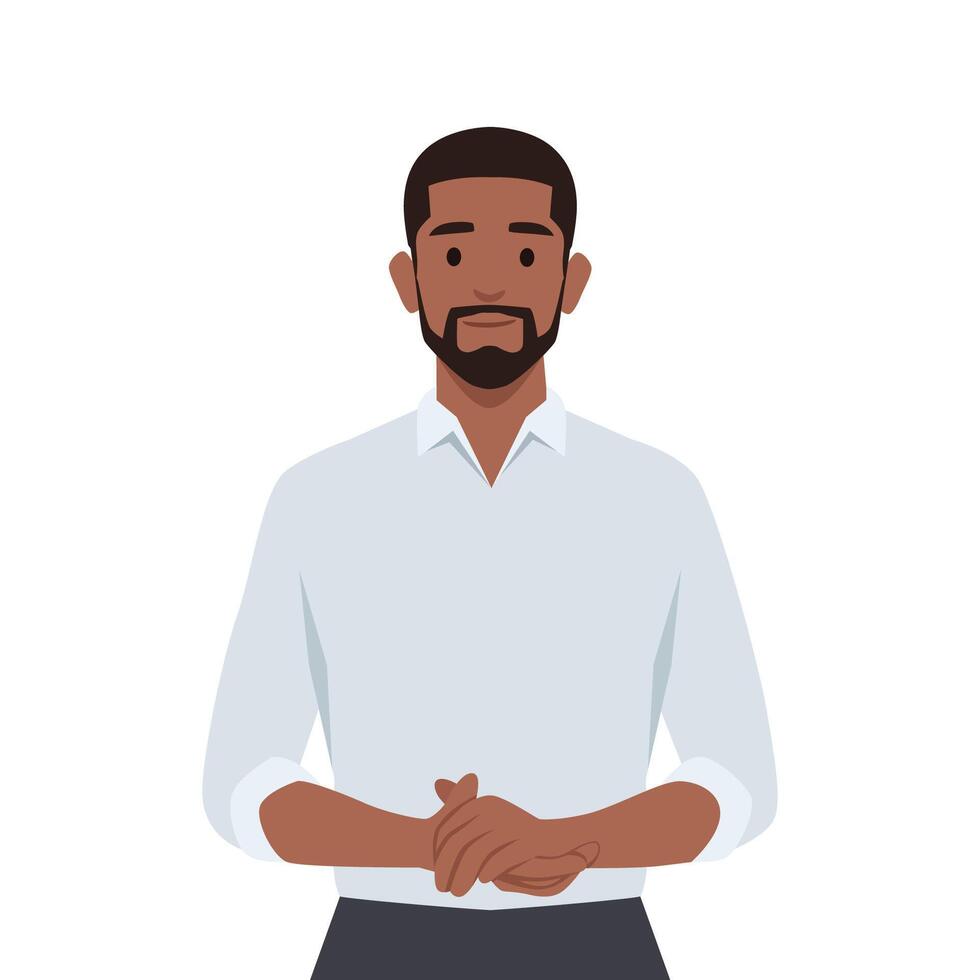 Young man standing with holding his hands in front of his stomach. vector