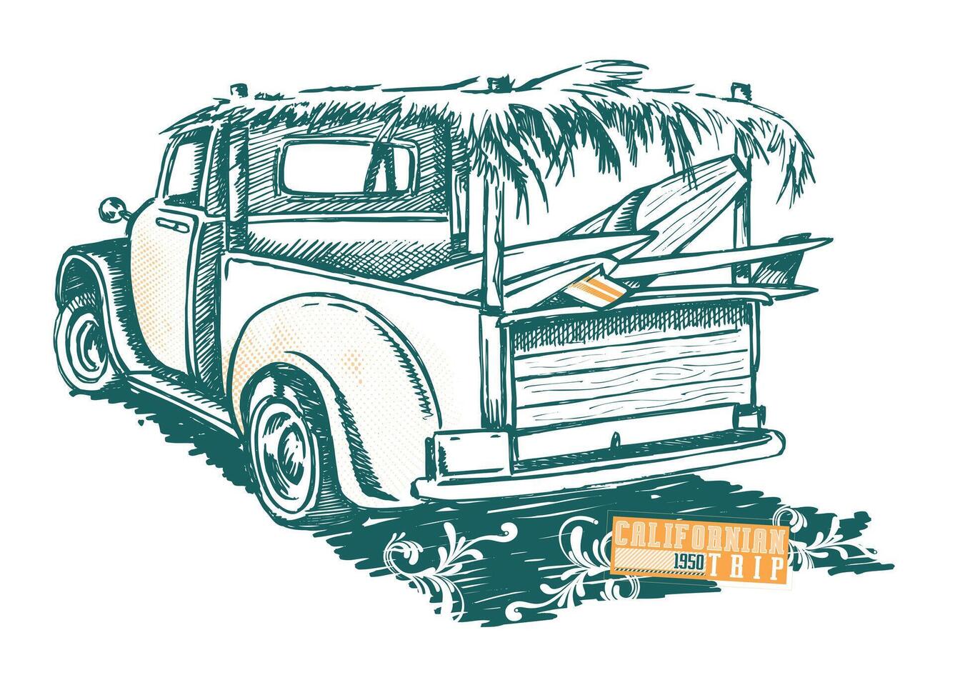 Illustration of old truck with surfboards in the bed. Art in stripped-down lines. vector