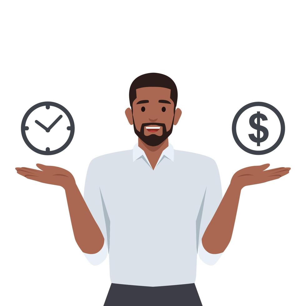 Young black man finding balance on metaphoric scales of money and time. vector