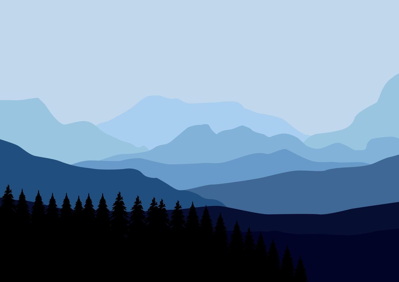 Mountains and pine forest panorama. Illustration in flat style. vector