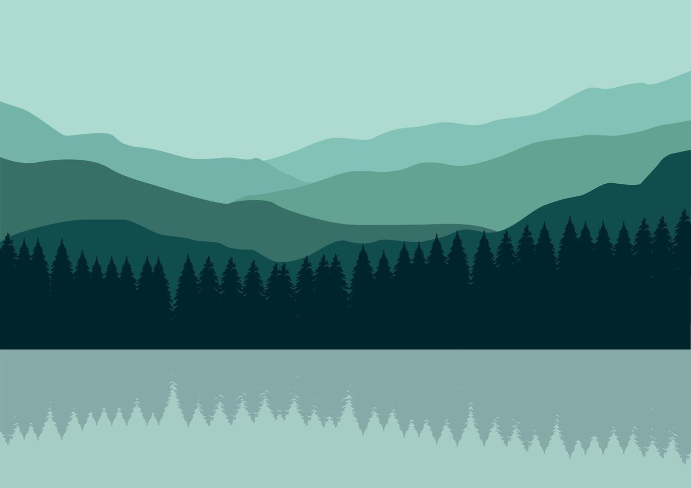 montañas y pino bosques en lagos ilustración en plano estilo. vector