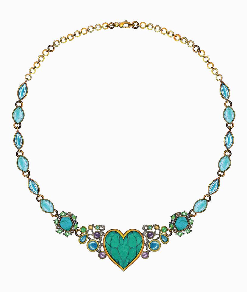 Jewelry desing fancy art gold necklace set with fancy sapphire and turquoise sketch by hand on paper. vector