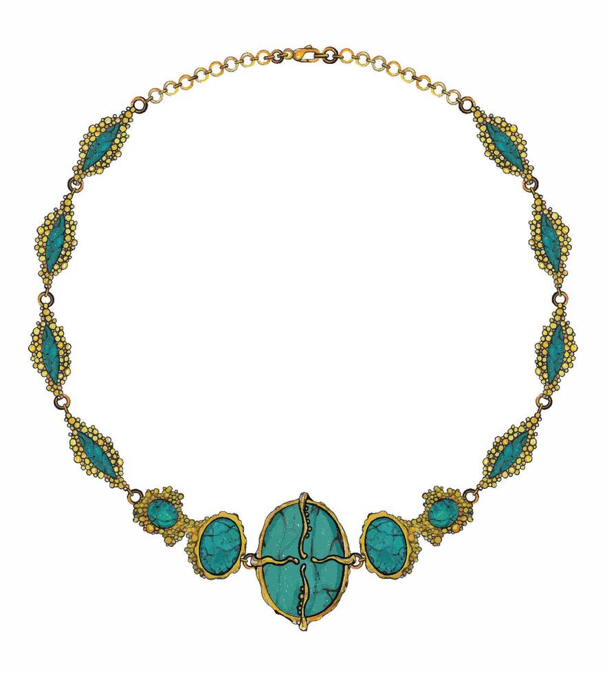 Jewelry desing fancy art gold necklace set with turquoise sketch by hand on paper. vector